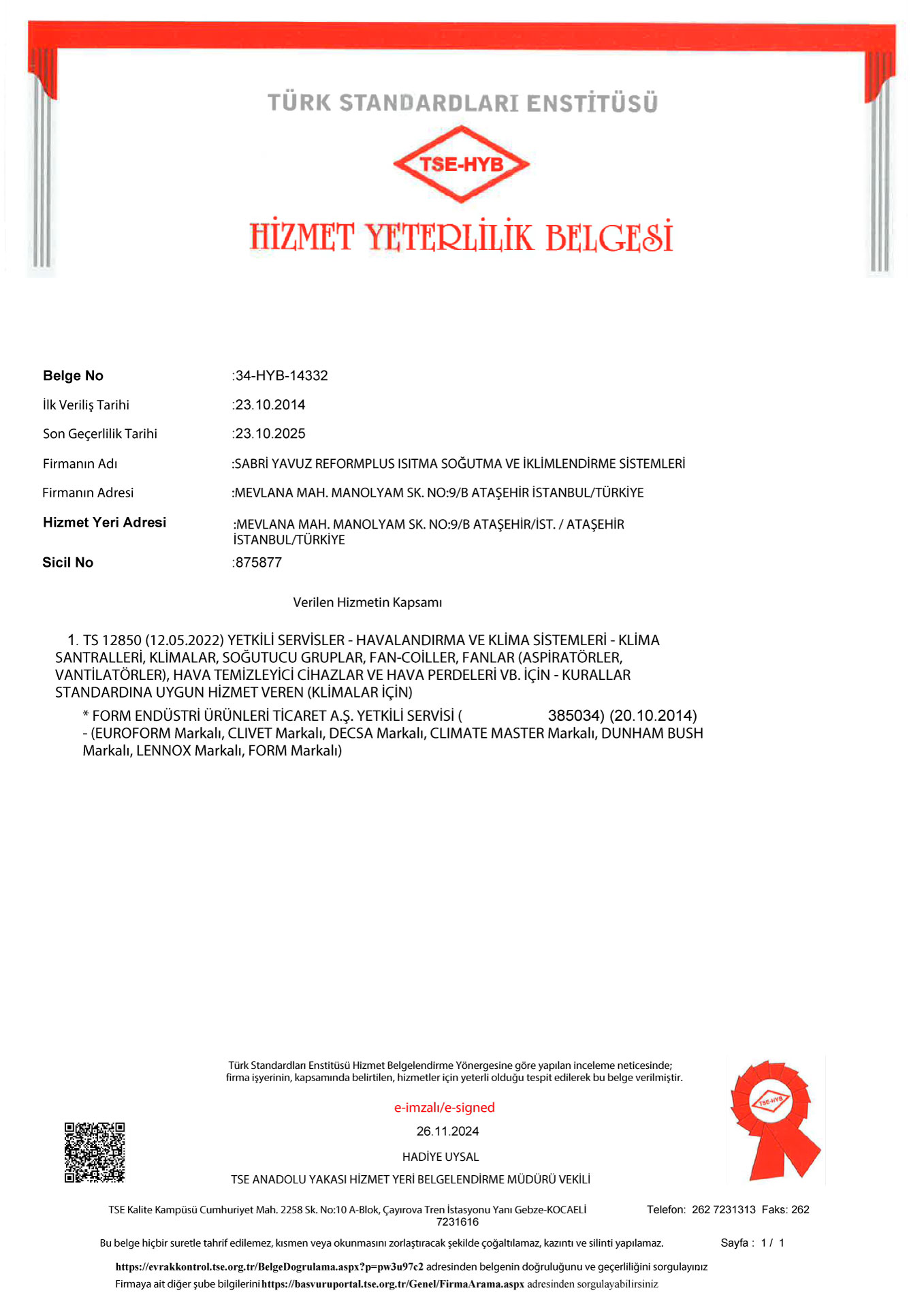 TSE-HYB (TS-12850) Hizmet Yeterlilik Belgesi